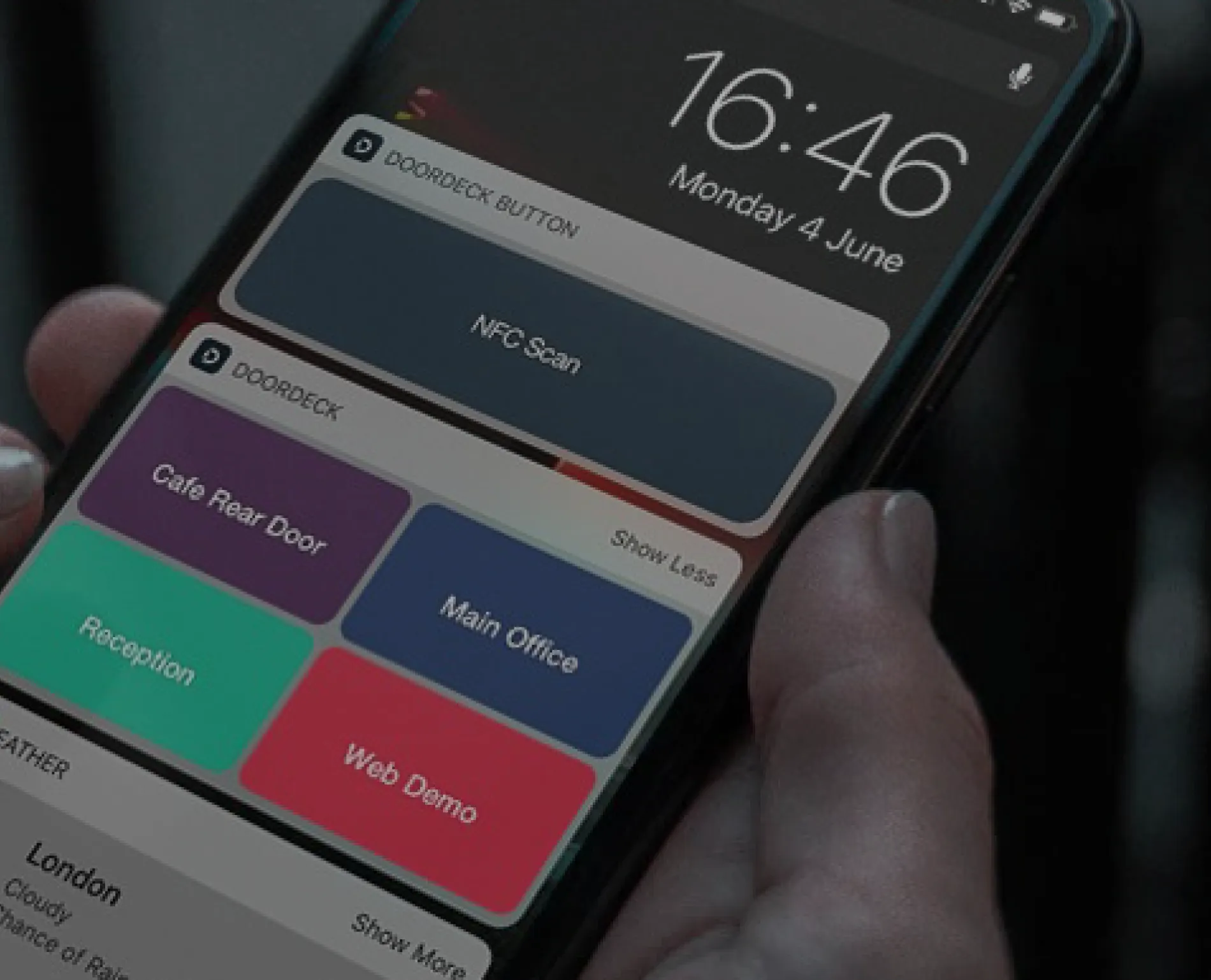 Doordeck widgets on an iPhone lock screen: an NFC scan button and shortcuts for four doors